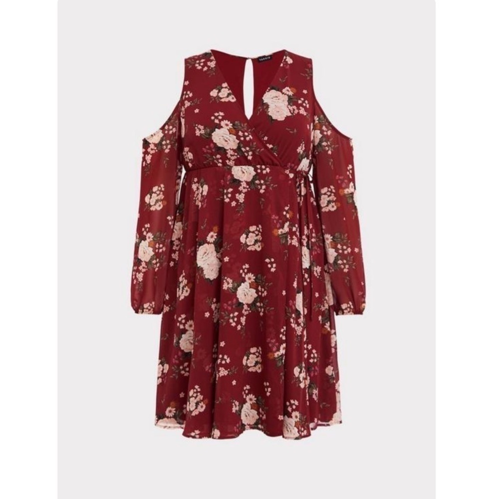 TORRID Red Floral Cold Shoulder Chiffon Wrap Dress - Picture 4 of 13
